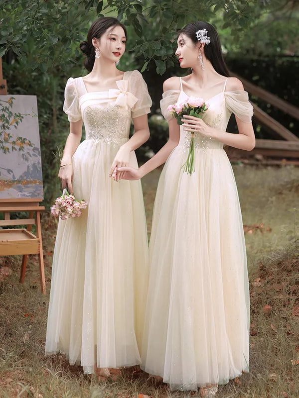 Bridesmaid Dress With Square Neck And Bow Ankle Length Organza With Floral Appliques Bridal Gown Style