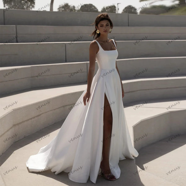 A-Line Satin Wedding Dress With Spaghetti Straps And Square Neckline Floor-Length Sweep Train