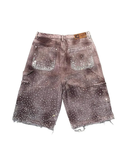 Gothic Trend Rhinestone Pocket Denim Shorts for Men