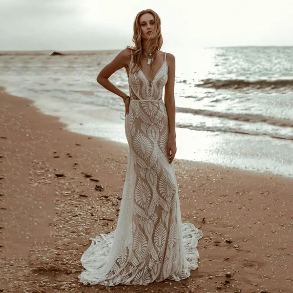 Customized Boho Sexy Lace V Neck Beach Mermaid Wedding Dresses