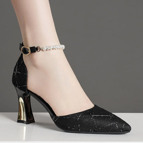 Beaded Pointed Toe Mary Jane Heels Sandals For Women