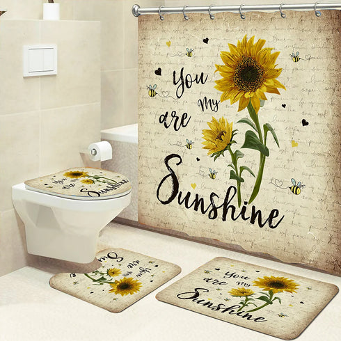 4 Piece Doormat Shower Curtain Set with Non-Slip Rugs Toilet Seat Cover and Bath Carpet for Bathroom Decor