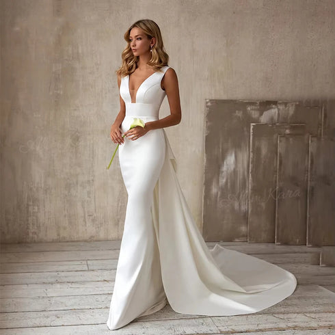 Satin Mermaid Wedding Dresses Elegant Women V Neck Backless Gowns