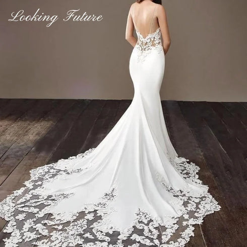 Customized Morden Lace Satin Mermaid Wedding Dresses Sleeveless Bridal Gown Simple Long Train