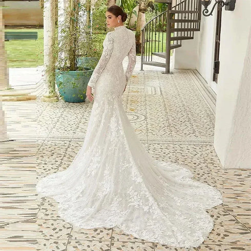 Lace Mermaid Wedding Dress With High Neck Long Sleeve Court Train Elegant Floral Applique
