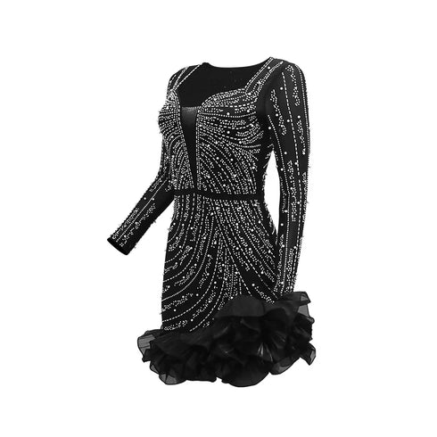 Long Sleeve V Neck Transparent Club Dress with Diamonds