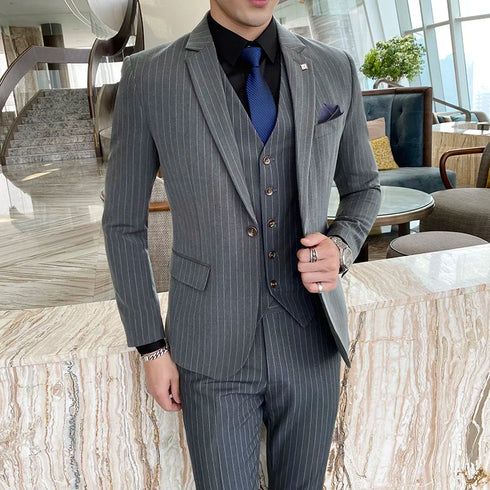( Jacket + Vest + Pants ) Prom Groom Tuxedos Male Wedding Suits 3Pcs Set Men's Striped Casual Business Suit