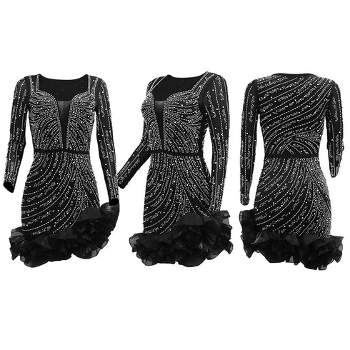 Long Sleeve V Neck Transparent Club Dress with Diamonds