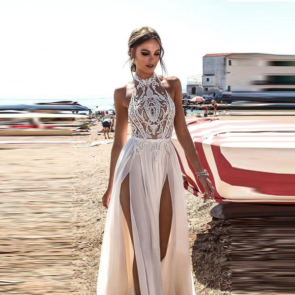 Boho Lace Halter Backless Wedding Dress With Chiffon Skirt For Beach Brides Floor-Length A-Line Bridal Gown