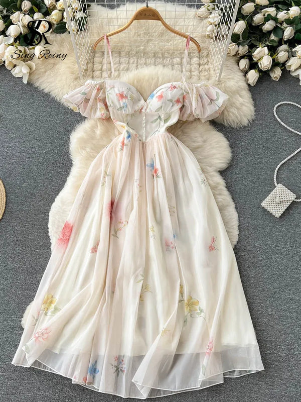 Chic Off the Shoulder Maxi Sundress with Sweet Print and Backless Bow Detail for Women