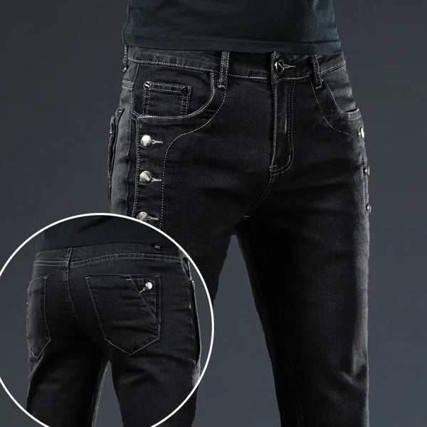 Men Slim Button Black Skinny Jeans Solid Color Stretch Denim Pants