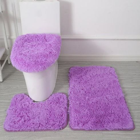 3 Piece Solid Color Bathroom Carpet Set Non-Slip Toilet Lid Cover Rugs Kit