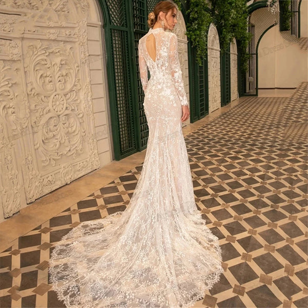 Exquisite Lace Applique Mermaid Wedding Dress with High Neck - Elegant Bridal Gown with Full Sleeves