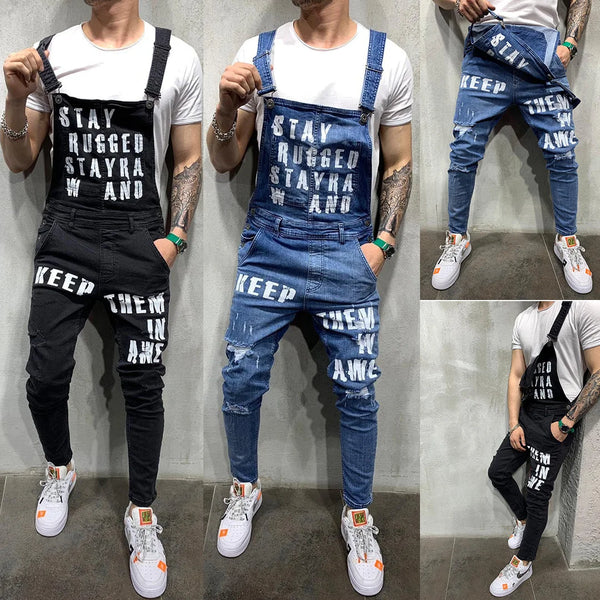 Denim Jumpsuit With Suspenders Ripped Printed Streetwear For Men Overalls