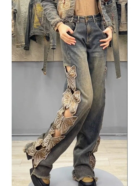 Y2K-Inspired Women's High Waist Denim Pants with Butterfly Embroidery - Loose Fit Straight Ripped Jeans Perfect for Streetwear and Fall Outfits with Jeans