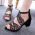 Rhinestone Faux Leather Hollow Out Thick Heel Sandals