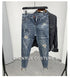 Korean Style Slim Men's Jeans with Cat Whisker Holes and Colorful Paint Splatters - Stylish Medium Wash Jeans for Casual Outfits