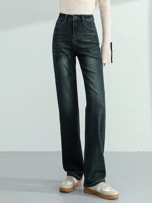 Vintage Y2K High Waist Straight Leg Denim Jeans for Women's Fall Outfits - Soft Cotton Elastic Full Length Streetwear Pants