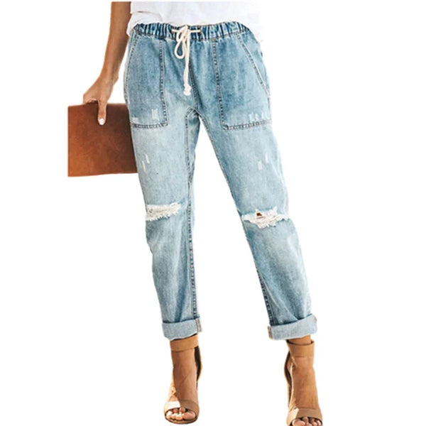 Women's Summer Casual Commuter Straight Leg Jeans with Elastic Waist and Drawstring Tie, Featuring Ripped and Bleached Details for Trendy Outfit Ideas