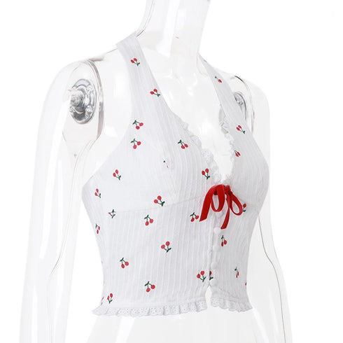 FZCSPEED Sleeveless Printed Halterneck V-neck Crop Top Backless Cherry Print Bow Slim Fit Crop Top