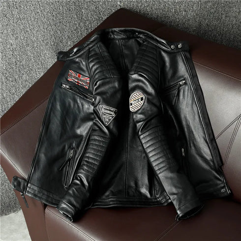 Vintage Genuine Leather Biker Jacket for Men – Slim Fit Cowhide Motorcycle Outerwear with Pockets and Embroidery Details for All Seasons