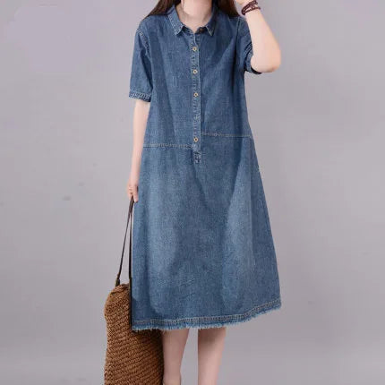 Women's Denim Midi Dresses Loose Short Sleeve Summer Style