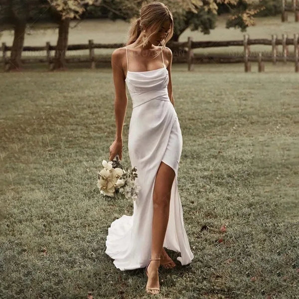 Boho Backless Bridal Gown With High Slit Straps Floor Length Wedding Dress For Bohemian Bride Customized