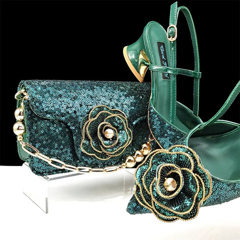Elegant Women's Pumps and Handbag Set with Sequins for Luxury Parties