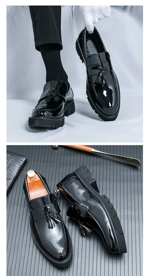 Men's Thick Sole Patent Leather Oxfords - Stylish Slip-On Derby Shoes for Casual and Formal Occasions, Height Increasing Loafers for Ultimate Comfort and Fashion