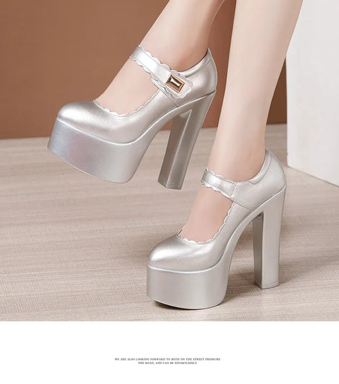 15cm Block High Heels Shoes Thick Platform Women Pumps