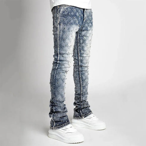 Stretchy Personality Stacked Denim Pants for Men – Fashion Pearls Rhinestone Skinny Jeans