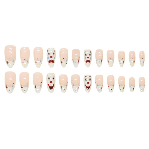 24-Piece Medium Long Press-On Acrylic Nails with French Tip Design - Fun Clown Removable Fake Nails for Parties, Adhesive Wear for Trendy Nail Art