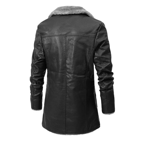 Men's Winter Fashion Long Thick Fleece PU Leather Windbreaker Jacket with Suit Collar, Casual Full-Length Coats for Stylish Men