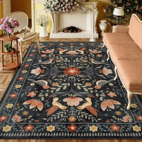 American Pastoral Style Flora Fauna Print Area Rug for Living Room and Bedroom Decor