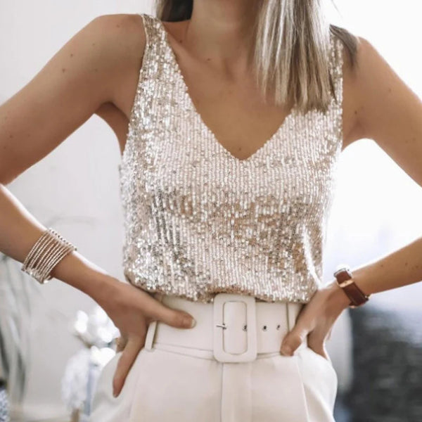Elegant Sequin Sleeveless V-neck Blouse for Women - Solid Color Summer Tank Top