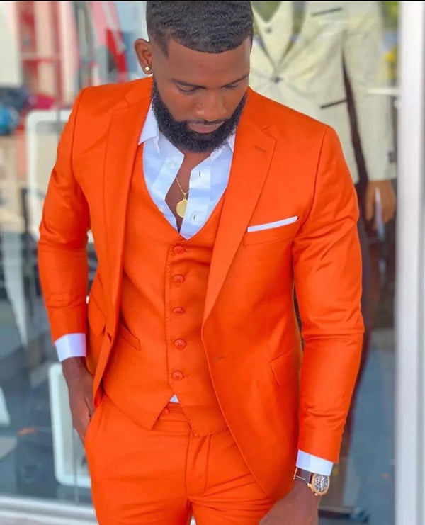Bright Orange Notch Lapel Suit Costume Groom Blazer 3 Pcs