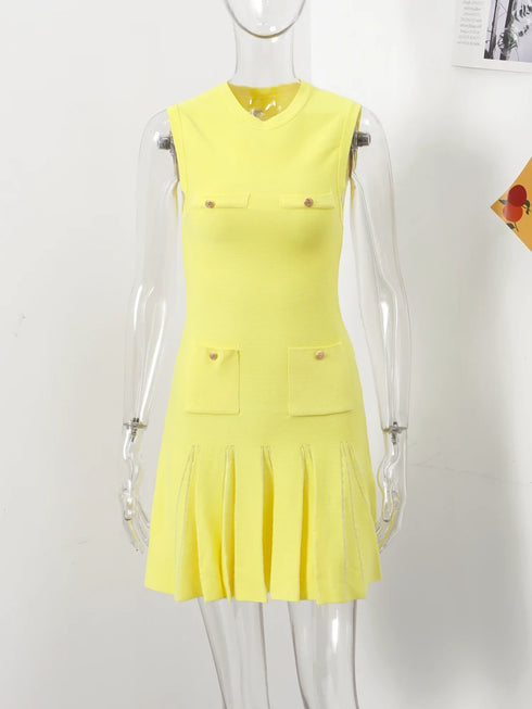 Knit Elegant Button Dress for Women Sleeveless O-neck Pocket Mini Dress Summer Fashion Slim Fit