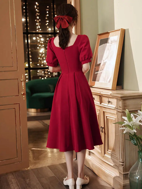 Elegant Red Midi Dress Women Summer Vintage Evening Party Dress Casual Fashion Formal Occasions One Piece Dress