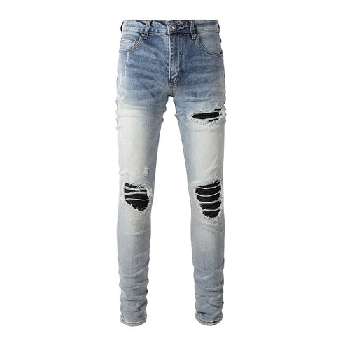 Men's Ripped Denim Jeans with Leather Patches - Stylish Streetwear High Stretch Skinny Trousers