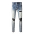 Men's Ripped Denim Jeans with Leather Patches - Stylish Streetwear High Stretch Skinny Trousers