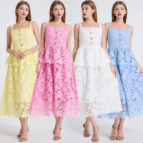 Embroidery Lace Long Cake Dress for Women Evening and Birthday Parties