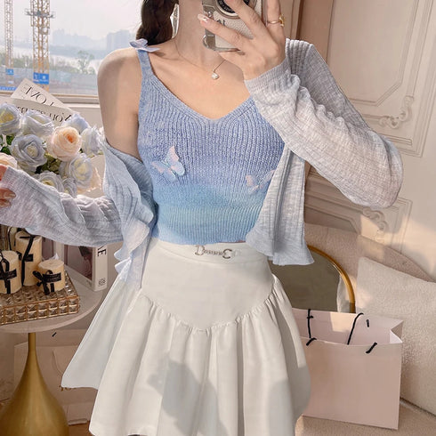 Butterfly Striped Knitted Tank Top for Women – Sweet V Neck Sleeveless Slim Camisole Perfect for Summer Outings and Cute Tops Enthusiasts