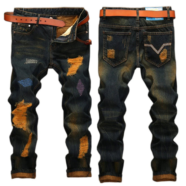 Men's Ruined Denim Jeans Ripped Large Size Hip Hop Fashion Pants