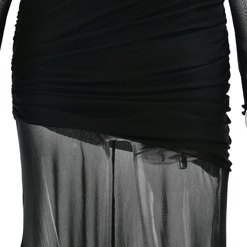 Oblique Shoulder Long Sleeve Maxi Dress for Women Elegant Patchwork Ruched Backless Slim Bodycon Dress