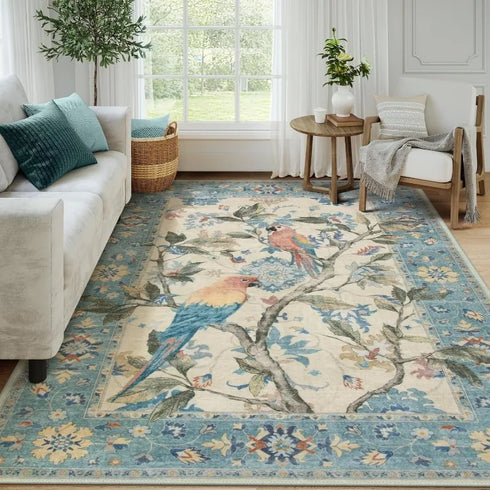Floral Birds Area Rug for Living Room and Bedroom Decor Soft Non Slip Machine Washable Floor Mat