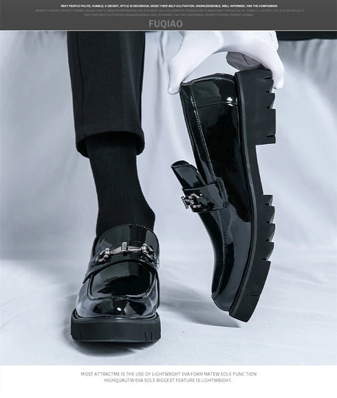 Men's Thick Sole Patent Leather Oxfords - Stylish Slip-On Derby Shoes for Casual and Formal Occasions, Height Increasing Loafers for Ultimate Comfort and Fashion