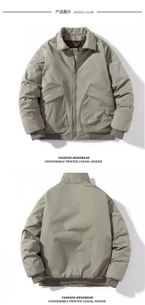 Men's Solid Bomber Jacket - Vintage Retro Military Style Motorcycle Parka - Thick Windbreaker with Pockets for Autumn and Winter Casual Wear