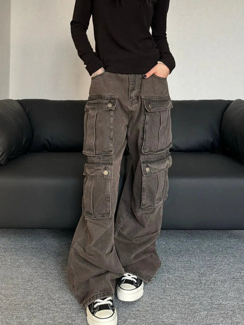 Baggy High Waist Cargo Jeans for Women - Vintage Japanese 2000s Style Denim Trousers Perfect for Fall Outfits and Aesthetic Streetwear