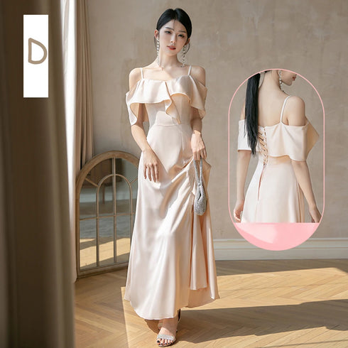 Backless Satin Sleeveless Ankle-Length Evening Dress for Bridesmaid Dress with Built-In Bra and Bow