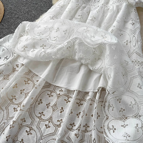 Elegant Embroidery White Lace Long Dress for Women Evening Occasion